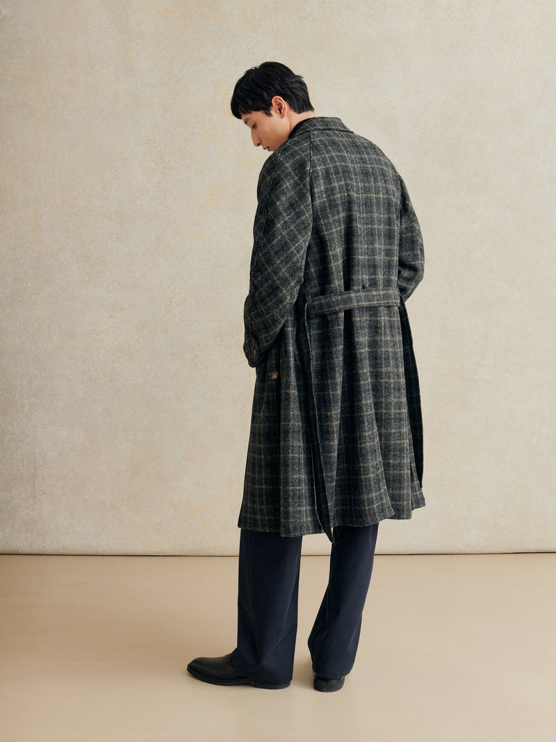 De Bonne Facture Grandad Coat Harris Tweed Wool / Grey Windowpane Check