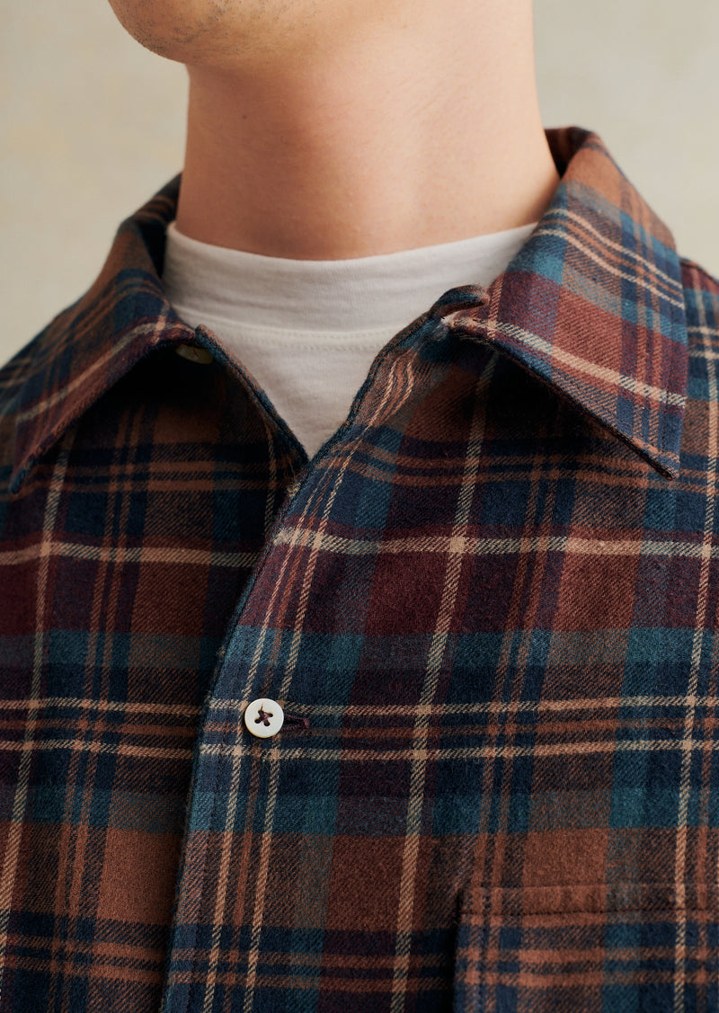 De Bonne Facture Brushed Cotton Flannel Shirt / Brown & Navy