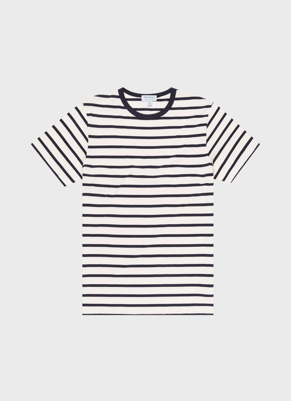 Sunspel Breton Stripe Crew Neck T-Shirt / Ecru/Navy