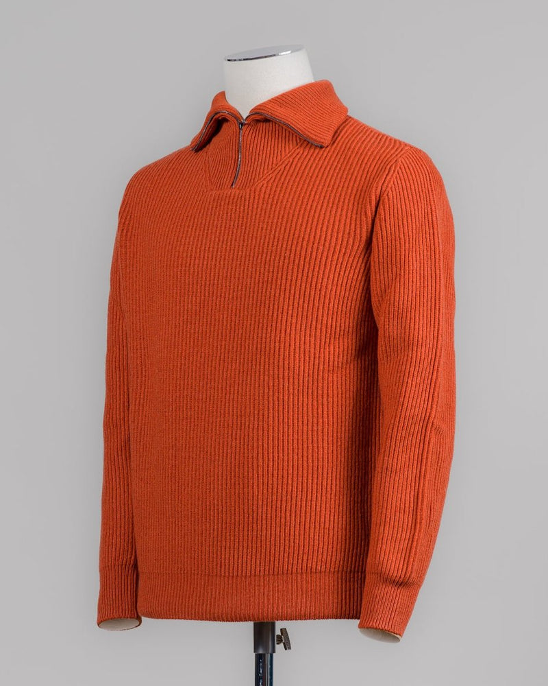 Model: Anorak
Article: 7.CI10
Color: Orange
90% Wool 10% Cashmere
Made in Florence, Italy G.R.P. Firenze Ribbed Half-Zip Knit / Orange