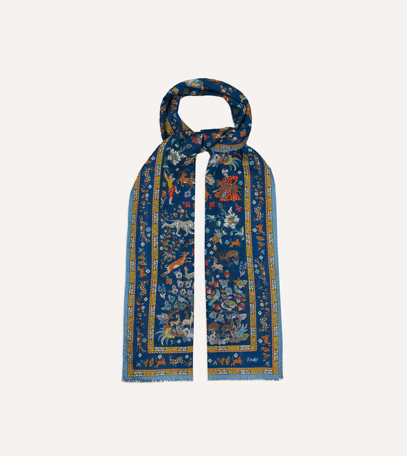 Drake's Summer Moghul Wool & Silk Scarf / Navy & Teal