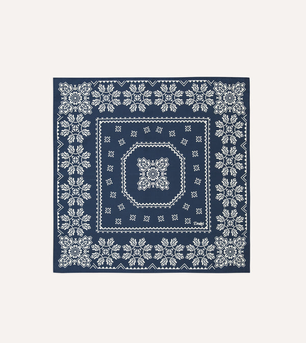 Drake's Trad Silk Bandana / Navy & Ecru