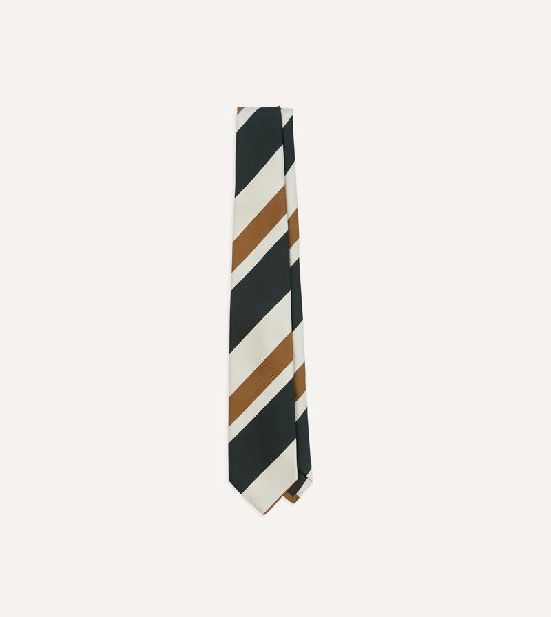 Drake's Thick Stripe Repp Silk Tie / Dark Green & Cream