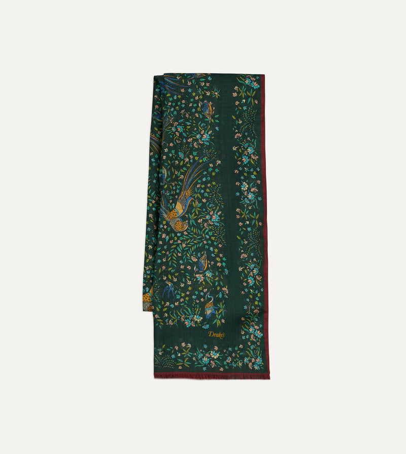 Drake's Floral Birds of Paradise Wool & Silk Scarf / Green