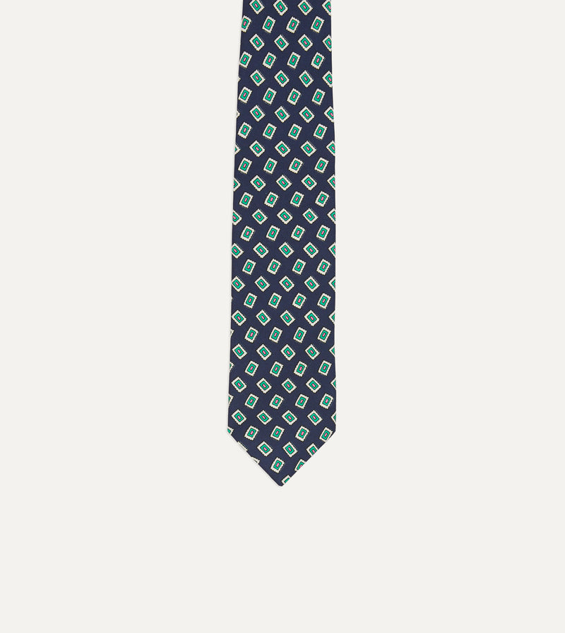 Drake's Jumbled Medallion Print Silk Self Tipped Tie / Navy