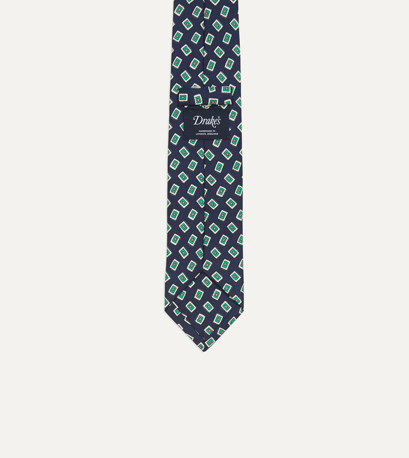 Drake's Jumbled Medallion Print Silk Self Tipped Tie / Navy