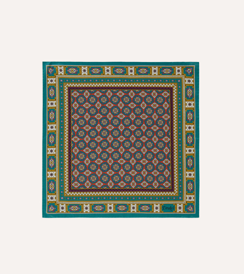 Drake's Floral Medallion Silk Pocket Square / Green, Red & Gold