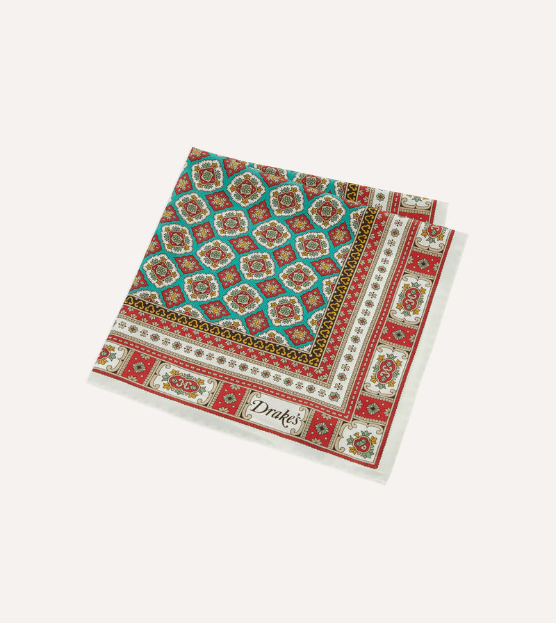 Drake's Floral Medallion Silk Pocket Square / Ecru, Red & Gold