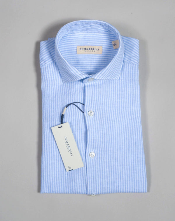 Light Blu striped long sleeved linen shirt from Ghirardelli. Washed to give the garment soft touch and relaxed look.  Composition: 100% Linen Color: Light Blue Long sleeves Removable collar bones